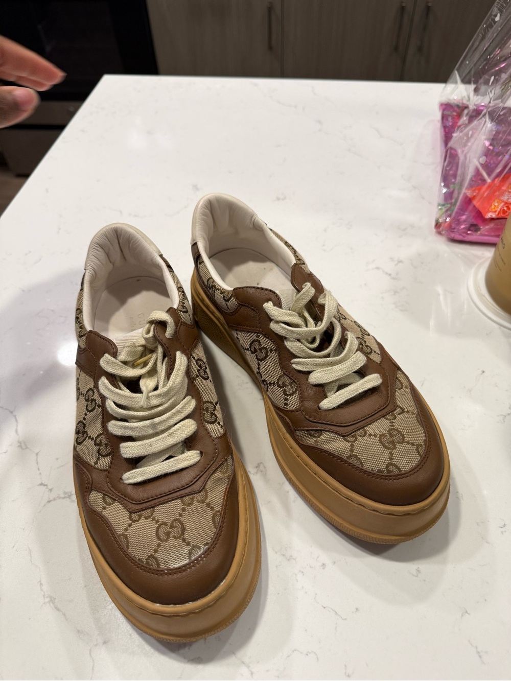 Gucci Beige GG Canvas and Brown Leather Sneakers
